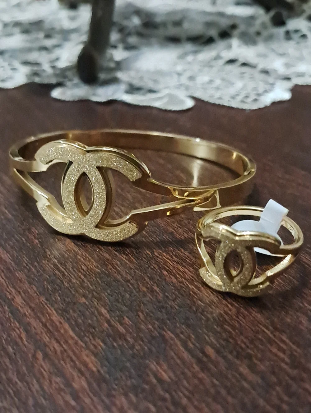 Fashion Jewelry Gold Interlocking Logo Bangle and Ring Set Ring Size 7
